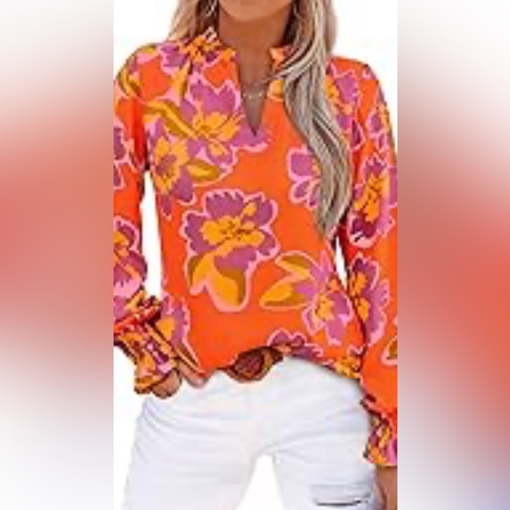 Vibrant Orange Floral V-Neck Women’s Top Size Medium with Princess Sleeves